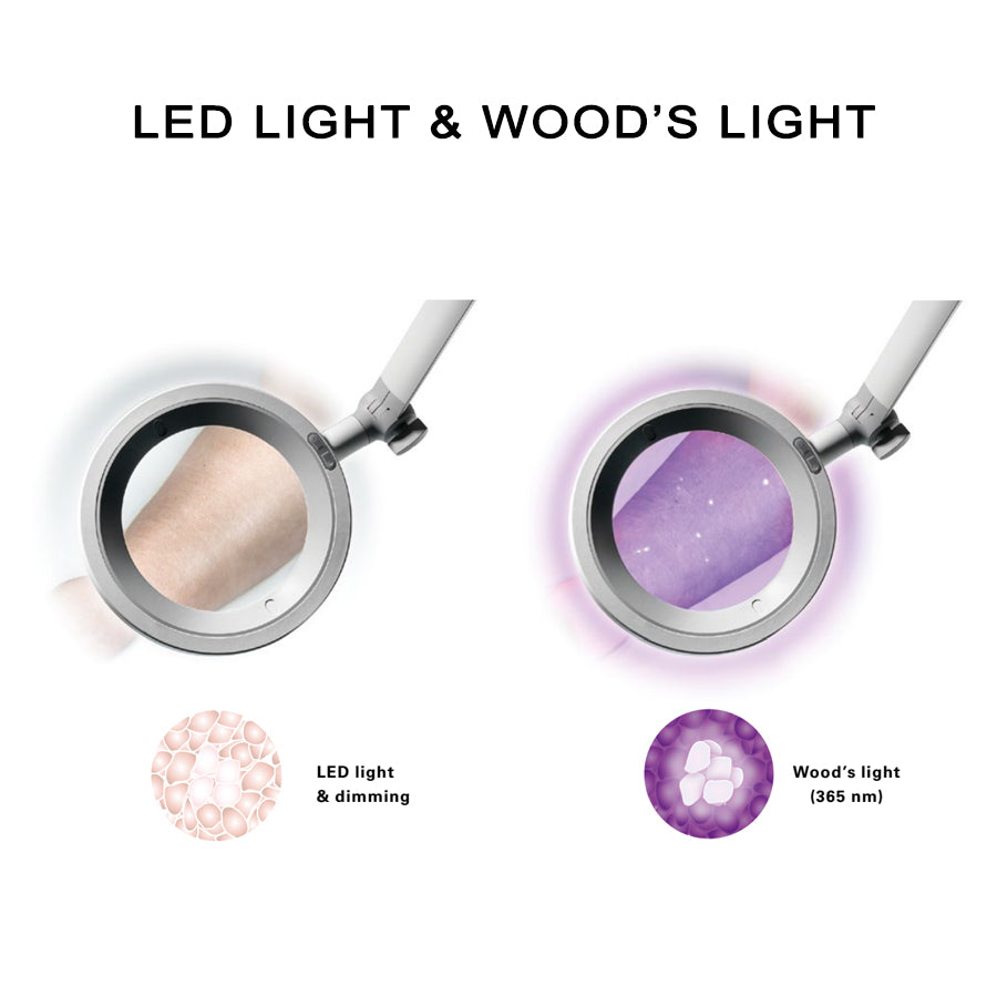 Lente d'ingrandimento OPTICLUX con luce LED/Wood - Soffitto o Stativo con ruote